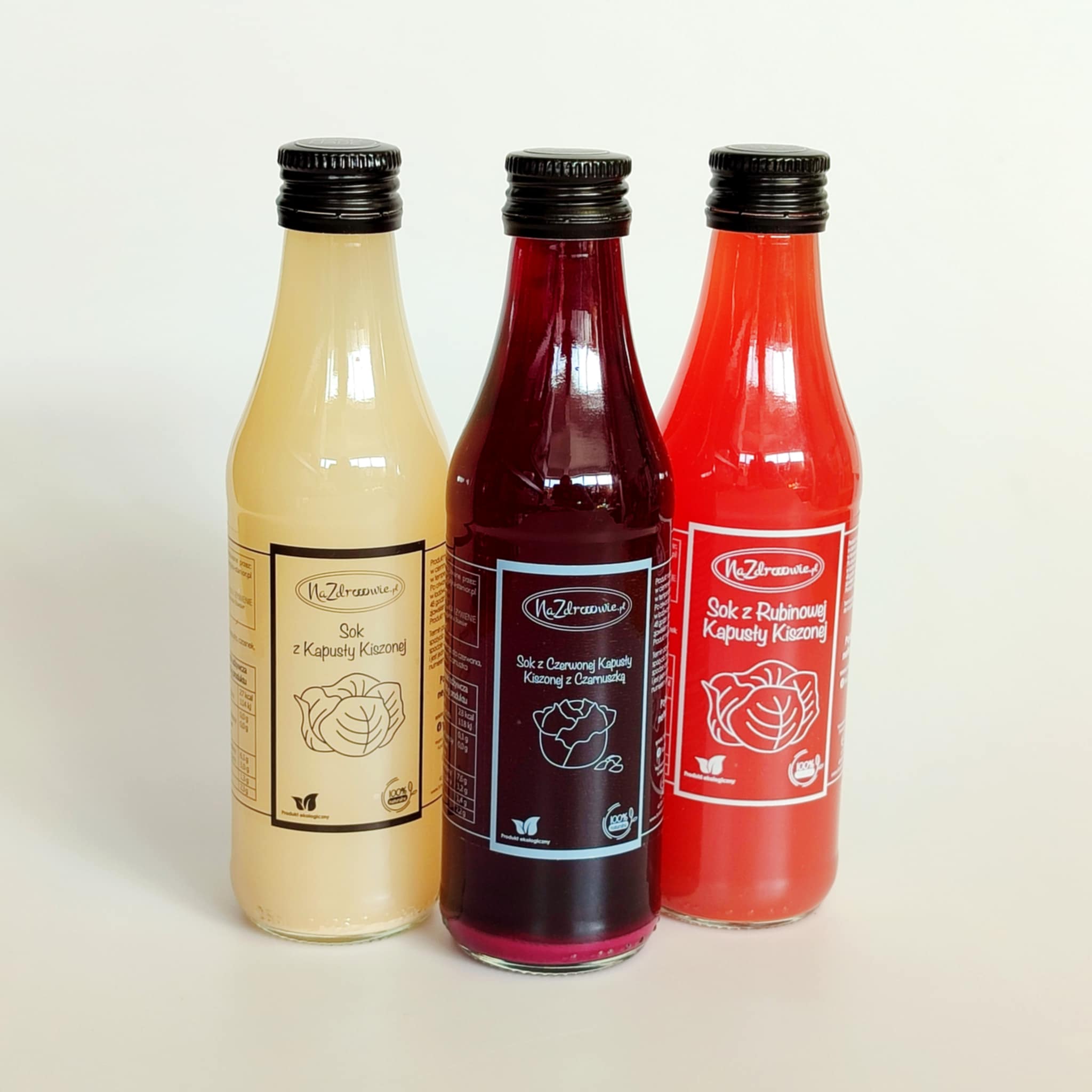 Zestaw 3 Soków z Kapusty Kiszonej: Białej, Czerwonej i Rubinowej - 3 x 250 ml